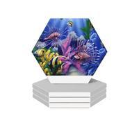 4 Hexagonal Colorful Tropical Sea Fish Coasters, Ceramic Home Decor Coasters With Anti Slip Cork Base, Tea And Coffee Coasters, And Daily Coasters.