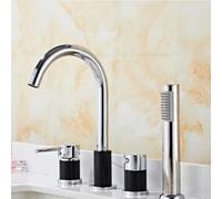 4 Hole Bath Shower Mixer Tap Gooseneck Spout Single Lever Shower Head and Hose Set for Bath Taps Chrome + Black LWX