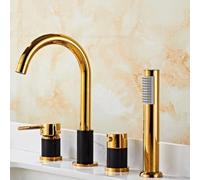 4 Hole Bath Shower Mixer Tap Gooseneck Spout Single Lever Shower Head and Hose Set for Bath Taps Gold + Black