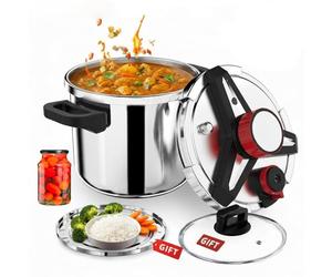 4-In-1 304 Stainless Steel Pressure Cooker 7L Quart & Explosion-Proof & 3 PSI Settings & One-Hand Locking Pressure Canner & Glass Lid Steamer Rack Included,Induction Compatible,Gas Stovetop
