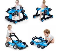 4 in 1 Baby Walker, Activity Push Walker w/3 Adjustable Heights, Smooth Wheels w/Adjustable Speed, Padded Seat, Music & Light, Foldable Car Baby Walkers for Boys 6 Months+ (Blue)