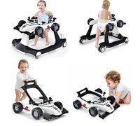 4 in 1 Baby Walker, Activity Push Walker w/3 Adjustable Heights, Smooth Wheels w/Adjustable Speed, Padded Seat, Music & Light, Foldable Car Baby Walkers for Boys 6 Months+ (White)