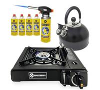 4 in 1 Camping Essentials - Gas Stove, Blow Torch, 2.5L Kettle with 4 Gas Canisters | Premium Burner, Automatic Ignition & Heat Control | Suitable for Cooking, Fishing & Hiking - Camping Starter Kit
