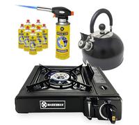 4 in 1 Camping Essentials - Gas Stove, Blow Torch, 2.5L Kettle with 8 Gas Canisters | Premium Burner, Automatic Ignition & Heat Control | Suitable for Cooking, Fishing & Hiking - Camping Starter Kit