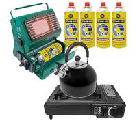 4 in 1 Camping Essentials Kit - Gas Stove, Heater, 2.5L Kettle with 4 Gas Bottles | Premium Burner, Automatic Ignition & Heat Control | Suitable for Cooking, Fishing & Hiking - Camping Starter Kits