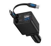 4 in 1 Car Charger Adapter, 69W Fast USB C Car Phone Charger with Voltage Display and Retractable Cables, Cigarette Lighter USB Charger for iPhone 16 15 Pro, Samsung Galaxy S25 S24 S23 A17 A16 A15 A56