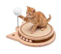 4-In-1 Cat Scratching Board, Cat Natural Sisal Scratching Pad with Wood Ball Track Moving Ball & Flexible Spring Plush Ball Durable Cat Scratching Cat Toy for Indoor Cats to Play Rest 34.7x32.7x18.7cm