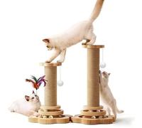 4-in-1 Cat Scratching Post with Natural Sisal Rope, Wooden Ball Track, Feather Toy and Plush Ball (19.68inch/50cm H)