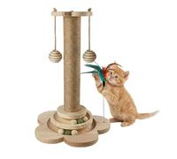 4-in-1 Cat Toy Self-Employment, 46 cm Scratching Post with Hanging Balls, Natural Sisal Toy Cat, Interactive Cat Toy with Feathers, for Playing in the House