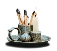 4 in 1 Ceramic Incense Burner Holder with Handle for Burning Sage, Palo Santo Stick, Joss Sticks, Candle in Your New House, Office, Yoga, Meditation Room (Speckled Blue)