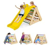 4 in 1 Climbing Frame for Toddlers, 3-Sided Wooden Indoor Climbing Pikler Triangle Set with Ramp Net Board, Baby Montessori Playground Jungle Gym Climber Toys (Rainbow)
