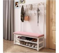 4 in 1 Coat Rack with Shoe Bench Industrial Hall Tree 5 Removable Hooks & 2 Tier Storage Shelf Stylish White & Pink Entryway Furniture
