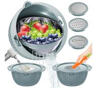 4-in-1 Colander Bowl Set, 306° Rotatable Kitchen Strainer, Patented, Blue | Funny & Aesthetic Kitchen Gadgets - Stainless Steel Strainer, Plastic Bowl with Lid & 3 Graters, Non-Slip Feet and Handle