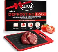 4-in-1 Defrosting Tray for Frozen Meat with Cutting Board, Knife Sharpener & Garlic Grater,- Self Thawing Tray & Non-Slip Red Chopping Boards by EliKai (a Canadian Company)