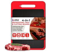 4-in-1 Defrosting Tray for Frozen Meat with Cutting Board, Knife Sharpener & Garlic Grater,- Self Thawing Tray & Non-Slip Red Chopping Boards by EliKai (a Canadian Company)