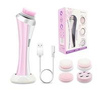 4-in-1 Electric Facial Cleansing Brush, Interchangeable Attachments for Exfoliation, Cleansing, Massage, 2 Speeds, IPX4 Splashproof, Rechargeable with Dock, for All Skin Types (Pink)