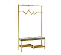4 in 1 Entryway Coat Rack with Shoe Bench Hooks & Storage Shelf Iron Frame Art Easy Assembly Stylish Gold Finish for Home nization