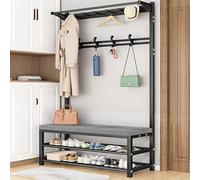 4-in-1 Entryway Shoe Rack with Coat Rail 2-Tier Storage Shelf 4 Hooks Removable Industrial Accent Fur Space-Saving Shoe Bench for Hallway