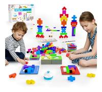 4-in-1 Family Board Games, 120 Pcs Wooden Multi-Level Montessori Toy Fast 3D Shape Pattern Matching Puzzle Stacking Building Blocks Fun Game for Kids Adults Family Night/Party, 1-6 Players Ages 4+
