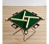4-in-1 Folding Game Table for Mahjong, Poker, Card Games, Dominoes - Brown 4-Player Table with Cup Holders & Chip Trays