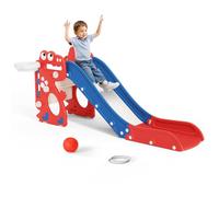 4 in 1 Freestanding Toddler Slide, Toddler Slide with Ring Basketball Hoop Climber, Foldable Max Load 50kg, Promotes Fitness, Balance & Coordination, For Ages 18m-5y, Indoor/Outdoor (Red-blue)