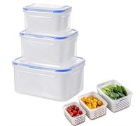 4 in 1 Fruit Storage Containers for Fridge with Removable Colander, Produce Storage Containers with Lid and Strainer, Household Transparent Plastic Fruit Washing Bowl (Blue S+M+L)