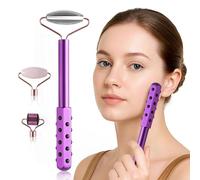 4-in-1 Germanium Stone Face Massager Beauty Roller for Up Lifting and Skin Care, Anti-Aging Beauty Tool with 3 Replaceable Heads - Jade Stone, Stainless Steel and 0.25mm Microneedle