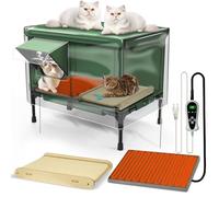 4-in-1 Heated Cat House for Outside with Heating Pad, Scratching Bed and Elevated Bed, Waterproof Windproof TPU Rain Cover