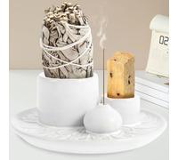4 in 1 Incense Holder,Ceramic Palo Santo Sticks Holder,Sage Holder for Burning, Incense Holder for Sticks, Smudge bowl with 13CM Ash Catcher Tray for Meditation Yoga Room (White)