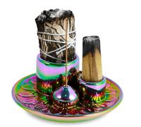 4 in 1 Incense Holder,Ceramic Palo Santo Sticks Holder,Sage Holder for Burning, Incense Holder for Sticks, Smudge bowl with 13CM Ash Catcher Tray for Meditation Yoga Room (Colorful)