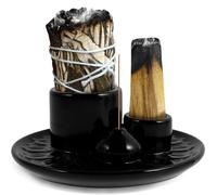 4 in 1 Incense Holder,Ceramic Palo Santo Sticks Holder,Sage Holder for Burning, Incense Holder for Sticks, Smudge bowl with 13CM Ash Catcher Tray for Meditation Yoga Room (Black)