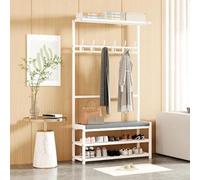 4-in-1 Industrial Metal Coat Rack & Shoe Bench - Hall Tree with 6 Hooks 2-Tier Shoe Storage & Top Shelf for Entryway White (75 x 25.5 x 160cm)