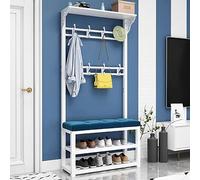 4 in 1 Industrial Metal Coat Rack with Shoe Bench Freestanding Hall Tree for Entryway 11 Hooks 2 Tier Shoe Storage & Velvet Cushion Bench 4