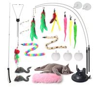 4-in-1 Interactive Cat Feather Toy Set for Indoor Cats - Extendable Wand, 2-Pole Suction Cup Base, Catnip Pillow, 14+ Accessories - Self-Play & Interactive Cat Toys with Safe Durable Materials
