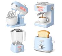 4-in-1 Kids Kitchen Appliances Toy Set - Pretend Play Coffee Machine with Water Flow Light & Sound, Pop-Up Toaster, Rotating Mixer & Blender - Battery Operated Role Play Cooking Set for Children 3+