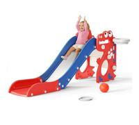 4 in 1 Kids Slide, Dinosaur Shape Toddler Slide with Climber, Basketball Hoop and Ring Toss, Indoor Playground Equipment for Age 1-3（Blue-red）