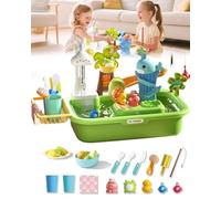 4-in-1 Kids Water Table, Electric Play Sink with Running Water, Fishing Pond & Duck Slide, Stable Detachable Legs, Indoor Outdoor Sensory Play Toy for Toddlers Boys Girls Ages 3+ (Green, A)