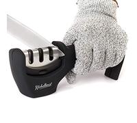 4-in-1 Kitchen Knife Accessories: 3-Stage Knife Sharpener Helps Repair, Restore, Polish Blades and Cut-Resistant Glove (Black)