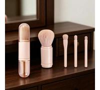 4 In 1 Makeup Brush Set Retractable Pink Plastic Handles Synthetic Make Up Brushes Portable Cosmetic Tools for Pocket Storage, Commute & On-The-Go Makeup Retouch