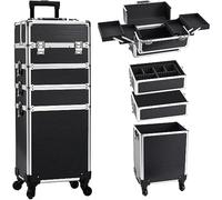 4 in 1 Makeup Trolley on Wheels Vanity Case Makeup Case Organiser Storage Hairdressing Trolley Nail Technician Polish Organiser Box Black