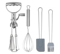 4 in 1 Manual Rotary Egg Beater Set with Hand Crank Mixer Silicone Brush and Spatula Stainless Steel Kitchen Tool for Beating Eggs Mixing Batter and Whipping