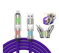 4 in 1 Multi Charger Cable PD 240W with Dual USB-C & USB-A Ports 1.2m, Metal Ports with Breathing Light Compatible with iPhon14,16 Android Samsung Galaxy MacBook iPad Android devices (Purple)