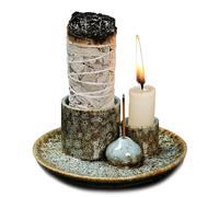 4 in 1 Multifunctional Ceramic Incense and Candle Holder with Ash Catcher Tray Suit for Burning White Sage, Palo Santo Sticks (Blue)