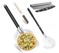 4 in 1 Pizza Oven Accessories Set, 12 Inch Perforated Pizza Peel, 9 Inch Aluminium Pizza Turning Peel, 35 cm Pizza Cutter with Cover, Natural Bristle Pizza Oven Brush