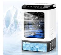 4-IN-1 Portable Air Conditioner with Ice Box, Mini Air Cooling Fan with 3 Cooling Speeds, 900ml Water Tank & 2 Cool Mist, Ultra-Quiet Desktop Oscillating Fan with Mood Lights for Bedroom, Office, Home
