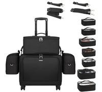 4-in-1 Professional Cosmetic Trolley Large Vanity Case With Wheels for Travel, Beauty, Hairdressing, Makeup, Tattoo and Nail Art - Multifunctional Design, Black, 01_Set