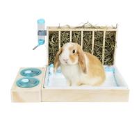 4 in 1 Rabbit Hay Feeder with Litter Box, Food & Water Bowls, Drinking Bottle, Pee Mats, for Guinea Pig, Chinchillas, Hamster, Dwarf Rabbit or Small Animals