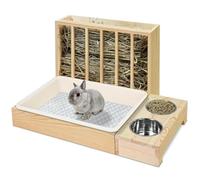 4 in 1 Rabbit hay feeder with litter tray, Rabbit food bowl, Rabbit/Hamster litter tray, Wooden hay rack feeder for small pets bunny hamster guinea pig