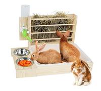 4 in 1 Rabbit hay feeder, Wooden hay rack, Bunny Guinea Pig Holder Holder with Stainless bowls, plastic litter box, toilet, hay rack and water bottle, for rabbits, Chinchillas, rodents (4-in-1)
