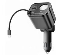 4 in 1 Retractable Car Charger 145W Fast Charge,USB A/C 2-port 20W + 45W Type-C + 60W Fast Charging Adapter, 180° Adjustable 65CM Retractable Cable Compatible with iPhone, iPad and Android Devices
